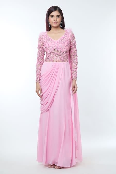 Vivek Patel Pink Georgette Beads, Embroidery V-neck Floral Embellished Saree Gown at Aza Fashions Vivek Patel_Pink Georgette Beads, Embroidery V-neck Floral Embellished Saree Gown _at_Aza_Fashions