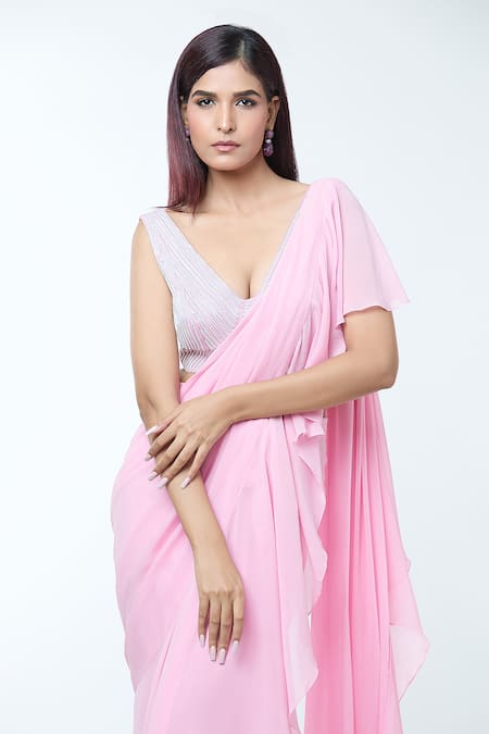 Buy Vivek Patel Pink Georgette, Bamboo Diamonds, Ruffle Detailed Pre-draped Saree With Blouse Online at Aza Fashions Buy_Vivek Patel_Pink Georgette, Bamboo Diamonds, Ruffle Detailed Pre-draped Saree With Blouse _Online_at_Aza_Fashions