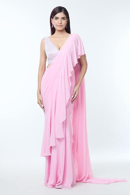 Vivek Patel Pink Georgette, Bamboo Diamonds, Ruffle Detailed Pre-draped Saree With Blouse at Aza Fashions Vivek Patel_Pink Georgette, Bamboo Diamonds, Ruffle Detailed Pre-draped Saree With Blouse _at_Aza_Fashions