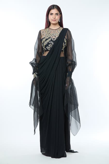 Vivek Patel_Black Georgette, Silk Organza Beads, Cut Flared Sleeve Embellished Saree Gown _Online_at_Aza_Fashions