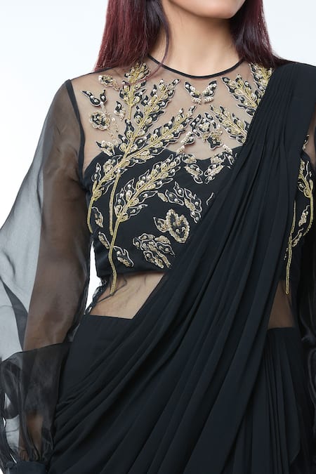 Buy_Vivek Patel_Black Georgette, Silk Organza Beads, Cut Flared Sleeve Embellished Saree Gown _Online_at_Aza_Fashions
