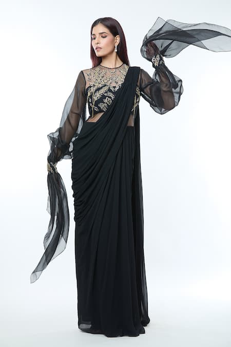 Shop_Vivek Patel_Black Georgette, Silk Organza Beads, Cut Flared Sleeve Embellished Saree Gown _Online_at_Aza_Fashions