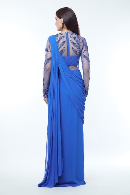 Vivek Patel Sheer Sleeves Embellished Saree Gown 