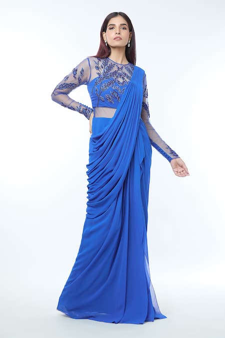 Vivek Patel_Blue Georgette Sheer Sleeves Embellished Saree Gown _Online_at_Aza_Fashions