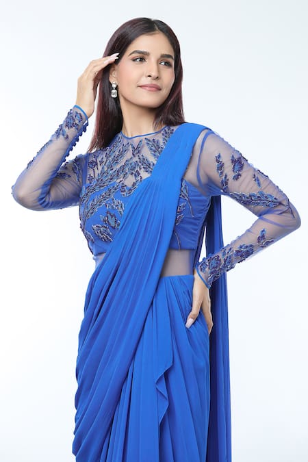 Buy_Vivek Patel_Blue Georgette Sheer Sleeves Embellished Saree Gown _Online_at_Aza_Fashions