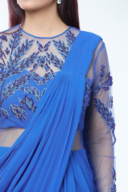 Shop_Vivek Patel_Blue Georgette Sheer Sleeves Embellished Saree Gown _Online_at_Aza_Fashions