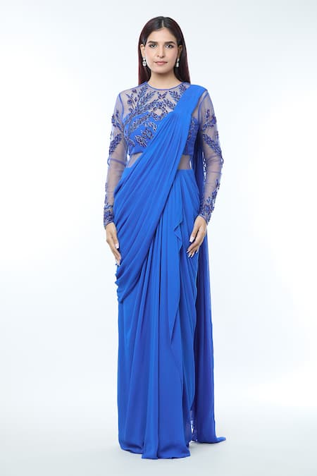 Vivek Patel_Blue Georgette Sheer Sleeves Embellished Saree Gown _at_Aza_Fashions