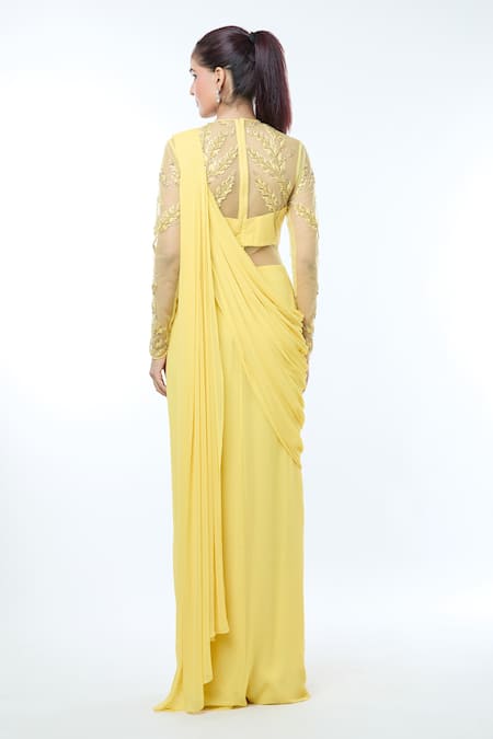 Shop_Vivek Patel_Yellow Georgette Beads, Sequins, Fabric Flowers Round Sheer Sleeves Saree Gown _at_Aza_Fashions