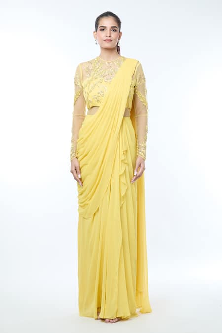 Vivek Patel_Yellow Georgette Beads, Sequins, Fabric Flowers Round Sheer Sleeves Saree Gown _Online_at_Aza_Fashions