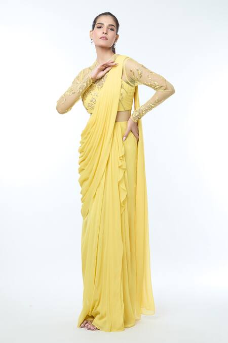 Buy_Vivek Patel_Yellow Georgette Beads, Sequins, Fabric Flowers Round Sheer Sleeves Saree Gown _Online_at_Aza_Fashions