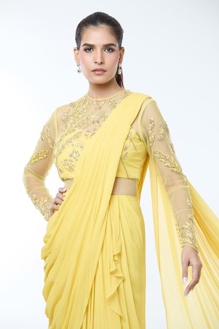Shop_Vivek Patel_Yellow Georgette Beads, Sequins, Fabric Flowers Round Sheer Sleeves Saree Gown _Online_at_Aza_Fashions