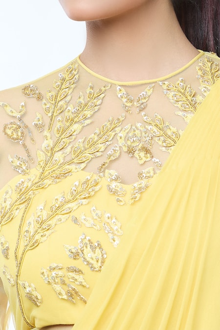 Vivek Patel_Yellow Georgette Beads, Sequins, Fabric Flowers Round Sheer Sleeves Saree Gown _at_Aza_Fashions
