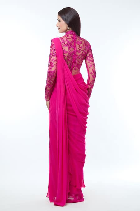 Shop_Vivek Patel_Fuchsia Georgette Sequins, Beads, Embroidery High Resham Embellished Saree Gown _at_Aza_Fashions