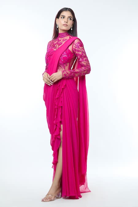 Vivek Patel_Fuchsia Georgette Sequins, Beads, Embroidery High Resham Embellished Saree Gown _Online_at_Aza_Fashions