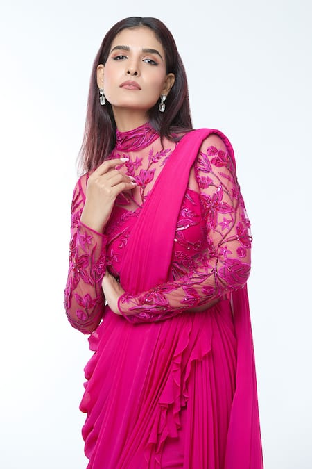 Buy_Vivek Patel_Fuchsia Georgette Sequins, Beads, Embroidery High Resham Embellished Saree Gown _Online_at_Aza_Fashions