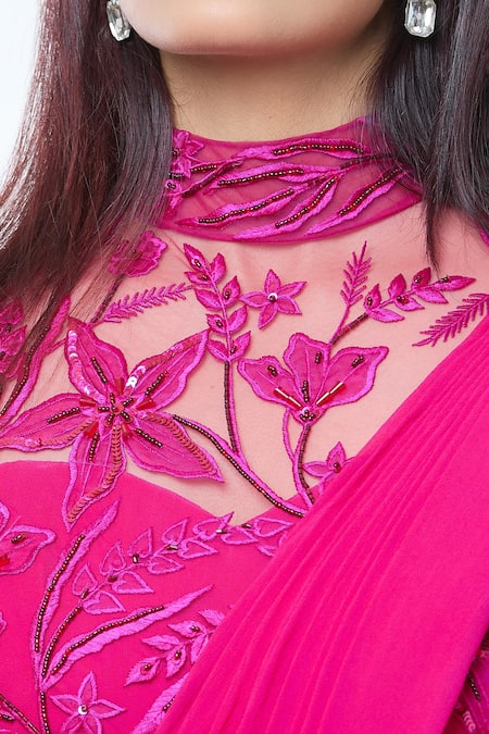 Shop_Vivek Patel_Fuchsia Georgette Sequins, Beads, Embroidery High Resham Embellished Saree Gown _Online_at_Aza_Fashions