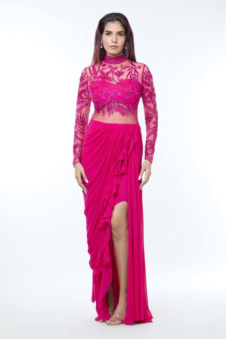 Vivek Patel_Fuchsia Georgette Sequins, Beads, Embroidery High Resham Embellished Saree Gown _at_Aza_Fashions