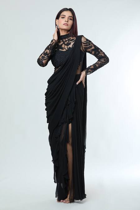 Vivek Patel_Black Georgette Sequins, Beads, Embroidery Resham Embellished Yoke Saree Gown _Online_at_Aza_Fashions