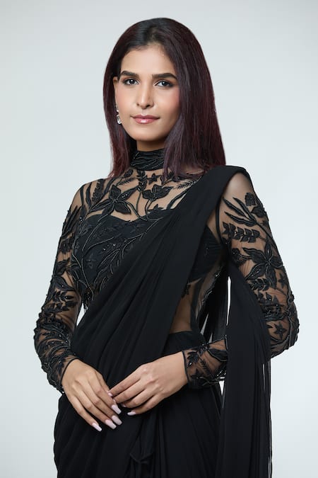 Buy_Vivek Patel_Black Georgette Sequins, Beads, Embroidery Resham Embellished Yoke Saree Gown _Online_at_Aza_Fashions