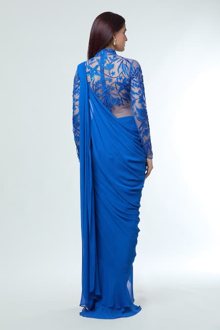 Vivek Patel Teal Resham Embellished Saree Gown 