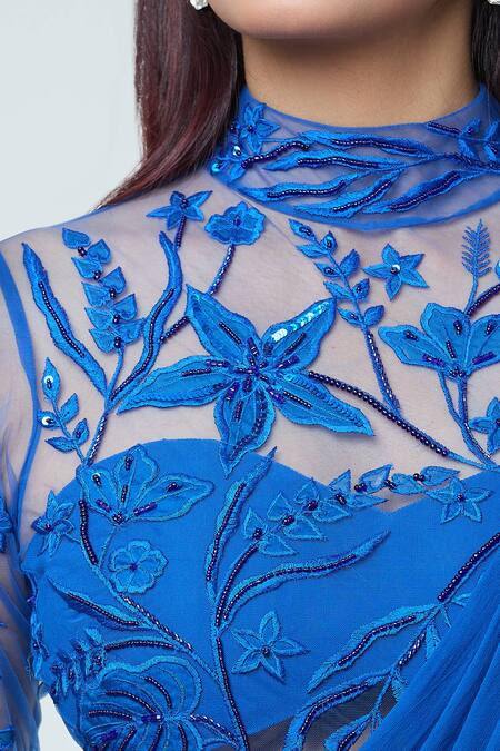 Vivek Patel_Blue Georgette Embroidery, Sequins, Beads Teal Resham Embellished Saree Gown _Online_at_Aza_Fashions