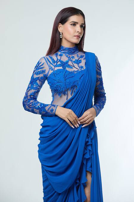 Shop_Vivek Patel_Blue Georgette Embroidery, Sequins, Beads Teal Resham Embellished Saree Gown _Online_at_Aza_Fashions