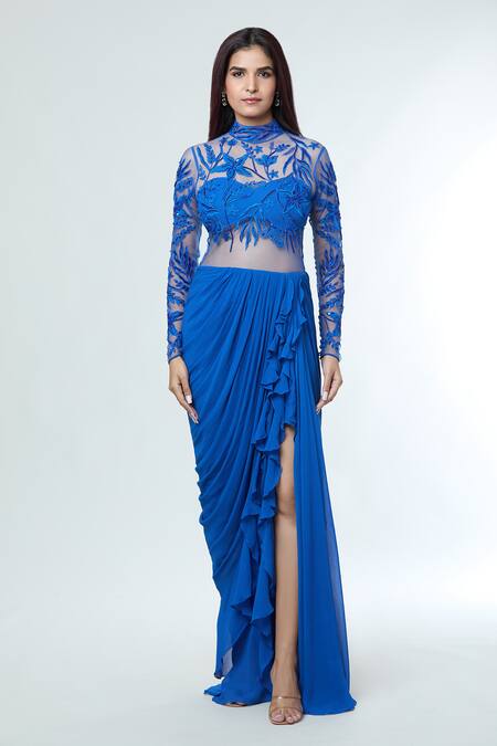 Vivek Patel_Blue Georgette Embroidery, Sequins, Beads Teal Resham Embellished Saree Gown _at_Aza_Fashions