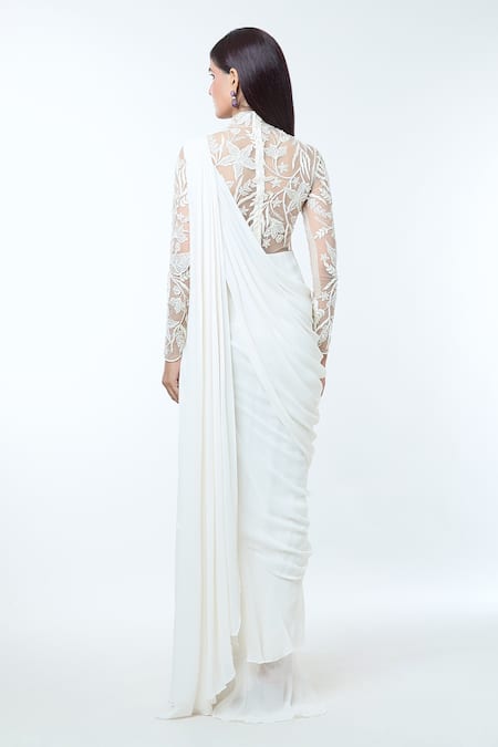 Shop_Vivek Patel_Ivory Georgette Sequins, Beads, Embroidery Embellished Saree Gown With Drape _at_Aza_Fashions