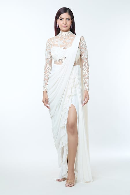Vivek Patel_Ivory Georgette Sequins, Beads, Embroidery Embellished Saree Gown With Drape _Online_at_Aza_Fashions