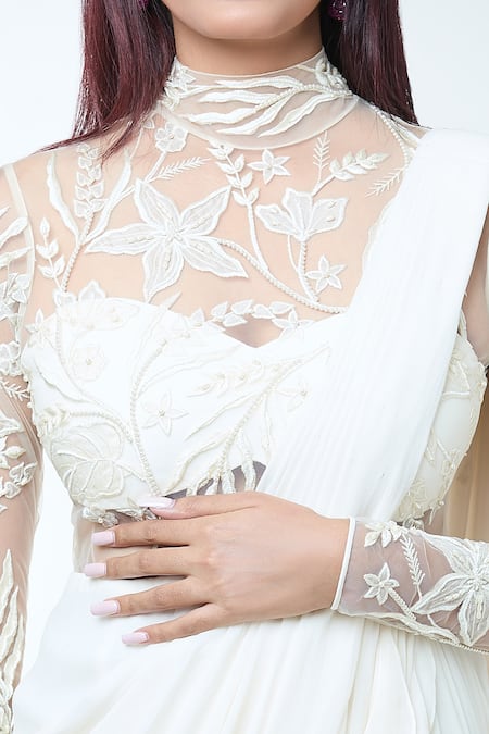 Buy_Vivek Patel_Ivory Georgette Sequins, Beads, Embroidery Embellished Saree Gown With Drape _Online_at_Aza_Fashions