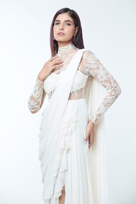 Shop_Vivek Patel_Ivory Georgette Sequins, Beads, Embroidery Embellished Saree Gown With Drape _Online_at_Aza_Fashions