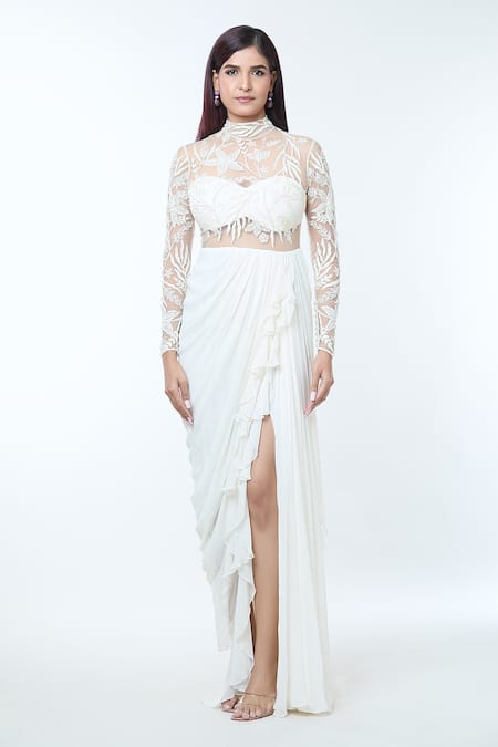 Vivek Patel_Ivory Georgette Sequins, Beads, Embroidery Embellished Saree Gown With Drape _at_Aza_Fashions