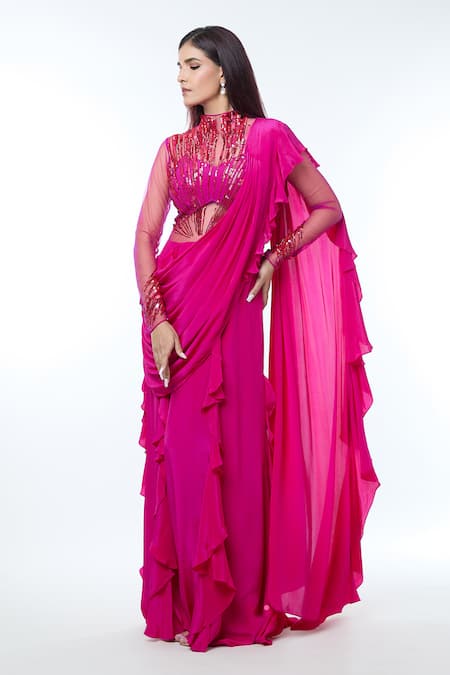 Vivek Patel_Fuchsia Crepe Sequins, Pearls High Neck Abstract Radial Embellished Saree Gown _Online_at_Aza_Fashions