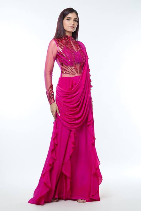 Buy_Vivek Patel_Fuchsia Crepe Sequins, Pearls High Neck Abstract Radial Embellished Saree Gown _Online_at_Aza_Fashions