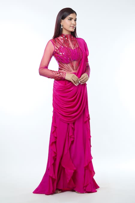 Shop_Vivek Patel_Fuchsia Crepe Sequins, Pearls High Neck Abstract Radial Embellished Saree Gown _Online_at_Aza_Fashions