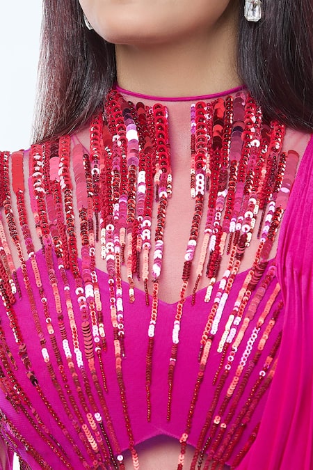 Vivek Patel_Fuchsia Crepe Sequins, Pearls High Neck Abstract Radial Embellished Saree Gown _at_Aza_Fashions