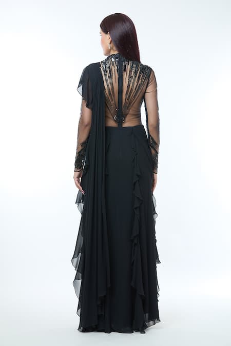 Vivek Patel Black Embellished Ruffle Saree Gown 