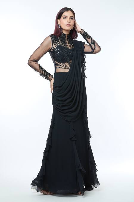 Vivek Patel_Black Crepe Pearls, Sequins, Beads, Glitter High Embellished Ruffle Saree Gown _Online_at_Aza_Fashions