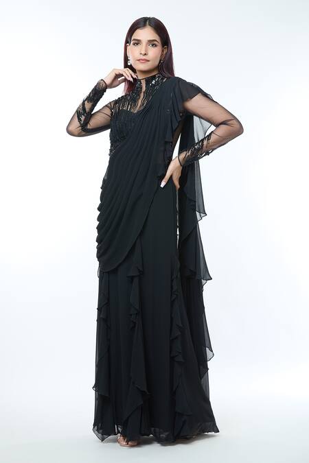 Buy_Vivek Patel_Black Crepe Pearls, Sequins, Beads, Glitter High Embellished Ruffle Saree Gown _Online_at_Aza_Fashions