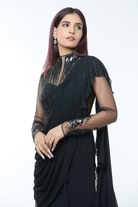 Shop_Vivek Patel_Black Crepe Pearls, Sequins, Beads, Glitter High Embellished Ruffle Saree Gown _Online_at_Aza_Fashions