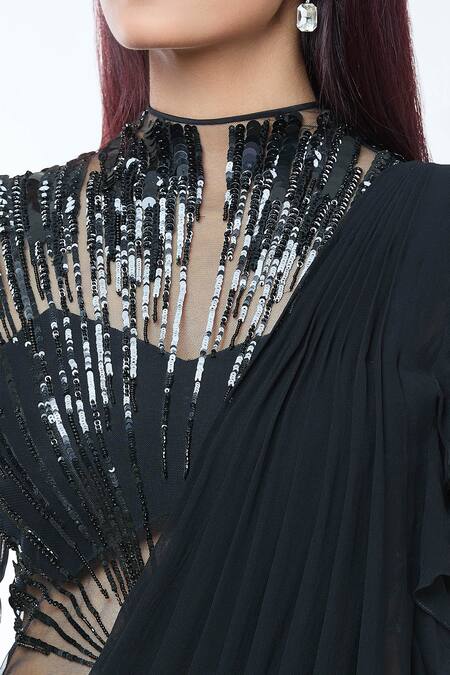 Vivek Patel_Black Crepe Pearls, Sequins, Beads, Glitter High Embellished Ruffle Saree Gown _at_Aza_Fashions