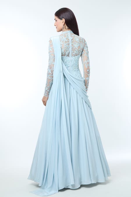 Vivek Patel Embellished Yoke Gown With Shoulder Drape 