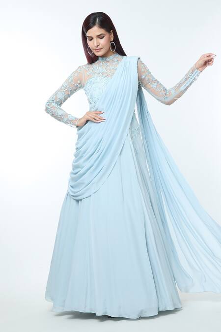 Buy_Vivek Patel_Blue Crepe Pearls, Sequins, Beads High Embellished Yoke Gown With Shoulder Drape _Online_at_Aza_Fashions
