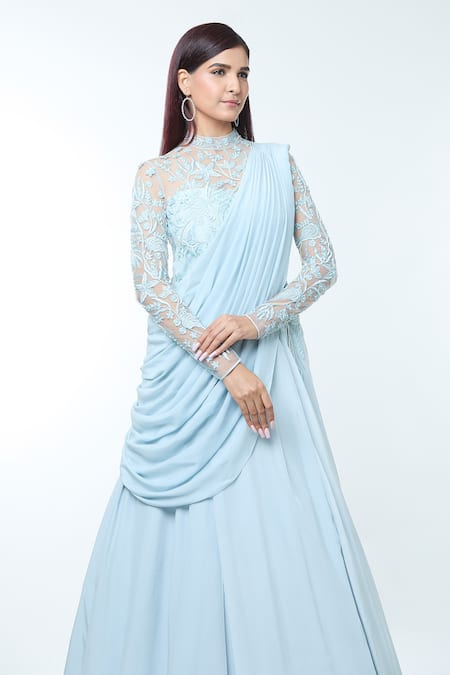 Shop_Vivek Patel_Blue Crepe Pearls, Sequins, Beads High Embellished Yoke Gown With Shoulder Drape _Online_at_Aza_Fashions