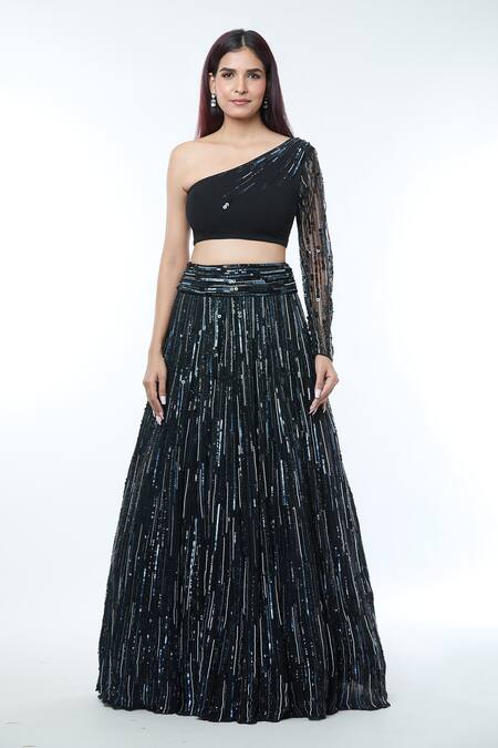 Vivek Patel_Black Crepe Pearls, Sequins Embellished Lehenga Set With Shoulder Drape _Online_at_Aza_Fashions