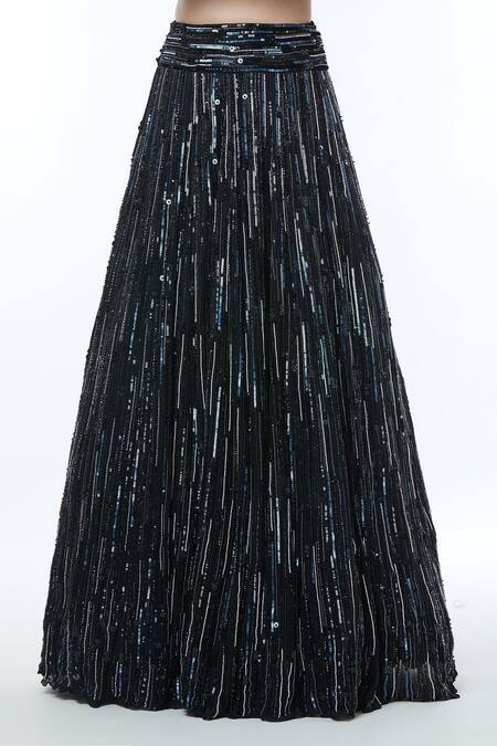 Shop_Vivek Patel_Black Crepe Pearls, Sequins Embellished Lehenga Set With Shoulder Drape _Online_at_Aza_Fashions