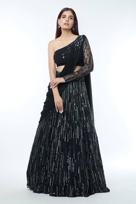 Vivek Patel_Black Crepe Pearls, Sequins Embellished Lehenga Set With Shoulder Drape _at_Aza_Fashions