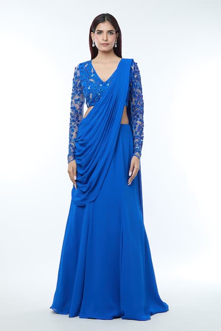 Vivek Patel_Blue Georgette Beads, Embroidery, Diamonds Embellished Blouse With Lehenga Saree _Online_at_Aza_Fashions