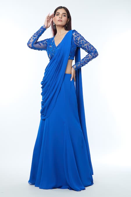 Buy_Vivek Patel_Blue Georgette Beads, Embroidery, Diamonds Embellished Blouse With Lehenga Saree _Online_at_Aza_Fashions