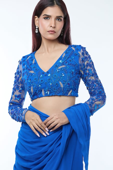 Vivek Patel_Blue Georgette Beads, Embroidery, Diamonds Embellished Blouse With Lehenga Saree _at_Aza_Fashions